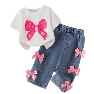 Completo 2 Pezzi per Bambine con Fiocco 3D, Maglietta a Maniche Corte e Pantaloni, Set Casual per Bambini - Product Image 5