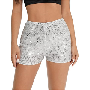 กางเกงขาสั้นเอวสูงยืดหยุ่นสีดำ กางเกงขาสั้นผู้หญิง เซ็กซี่ ผ้าโพลีเอสเตอร์ 100% ประดับกลิตเตอร์เลื่อม ชุดแสดง - Product Image 2