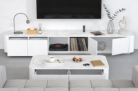 Table basse en bois avec tiroirs de décoration de style moderne avec dessus en PVC à motif marbré pour salon salle à manger hôtel villa appartement