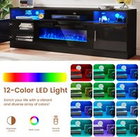 Meuble TV Kalsubo 70 pouces avec foyer, noir, avec prise électrique, éclairage LED, armoires de rangement pour salon, TV 80 pouces