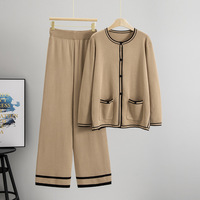 Ensemble pull cardigan tricoté pour femme automne, anti-plis, en nylon/coton, style décontracté, avec pantalon large tendance et rajeunissant