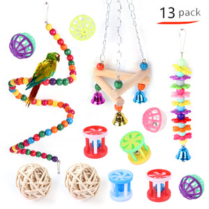 Uccello pappagallo altalena giocattolo da masticare Set colorato Pet Bird Cage altalena amaca scarpa giocattolo da masticare campana appesa trespolo di legno - Product Image 2