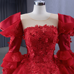 Robe de mariée rouge à col carré, manches longues, appliques en dentelle, perles, traîne cathédrale, volants, en satin, robe de soirée Rsm231122 - Product Image 5