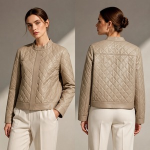 Veste en cuir courte pour <span class=keywords><strong>femme</strong></span>, col montant, <span class=keywords><strong>manteau</strong></span> matelassé avec doublure en mélange de <span class=keywords><strong>laine</strong></span> et de <span class=keywords><strong>laine</strong></span> de chameau - Product Image 1