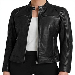 Chaqueta de Motociclista de Cuero Genuino para Mujer, Color Marrón, Cuello Alto, Cierre de Cremallera, Manga Larga, Estilo Biker, para Otoño - Product Image 1