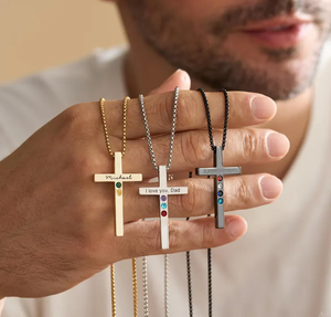 <span class=keywords><strong>Collier</strong></span> personnalisé gravé avec une croix et un pierre de naissance, en acier inoxydable plaqué <span class=keywords><strong>or</strong></span> 14 carats, chaîne réglable pour <span class=keywords><strong>homme</strong></span>, cadeau pour père - Product Image 2