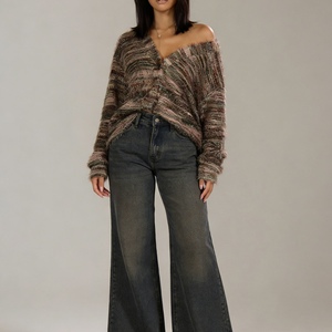 Women's New Arrival Vintage Fashion Deep V-Neck Design Fuzzy Long-Sleeve <b>Cardigan</b> <b>Sweater</b> Fashion - Product Image 2