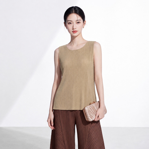 Camiseta sin mangas de punto para mujer, talla grande, transpirable, con cuello redondo, plisada, de color liso, estilo minimalista, largo regular - Product Image 2
