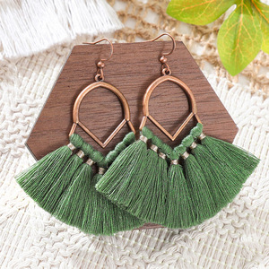 Bohemian Green Tassel <b>Drop</b> Earrings Alloy Antique <b>Bronze</b> Plated Women's Fashion Dangle Earrings - Product Image 2