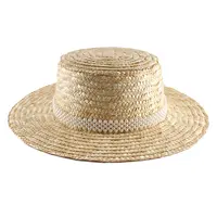 หมวกเบสบอลทรงกลมสำหรับใส่กลางแจ้ง,หมวกฟางแฟชั่นหมวกขอบเรียบหมวกหัวแบนทำจากข้าวสาลีธรรมชาติ