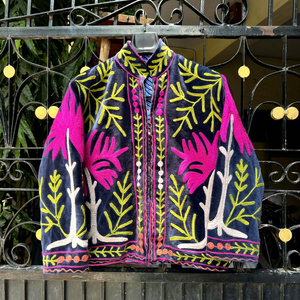 Ethnic Navy Velvet <b>Embroidered</b> <b>Jacket</b> With Floral Pattern Full Sleeve Stand Collar Handmade Bohemian <b>Women</b> Winter Outerwear - Product Image 1