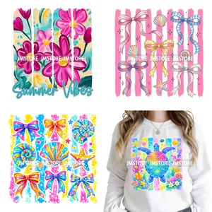 Pegatinas DTF termoadhesivas lavables listas para planchar con diseño de vida marina costera de verano a rayas, ideales para camisetas y bolsos. - Product Image 1