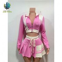 Ensemble jupe 2 pièces color block zippé pour femme : crop top et jupe courte à cordon – Tendance estivale streetwear