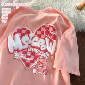 Loveda ODM OEM Fancy Oversize Animal Print Short Sleeve Tops Crew Neck Heart Print Plaid T Shirts For Women