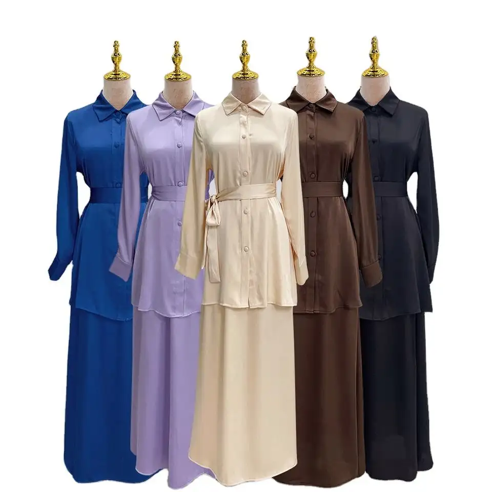 2023 Muslim Islamic Clothing 2 Stück Abaya Set Bescheidene Kleider Türkei Abaya Sets für Mädchen Satin Bluse und Rock