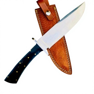 Couteau de chasse à pointe clip en acier inoxydable, lame droite, manche en bois avec étui en cuir travaillé - Product Image 1