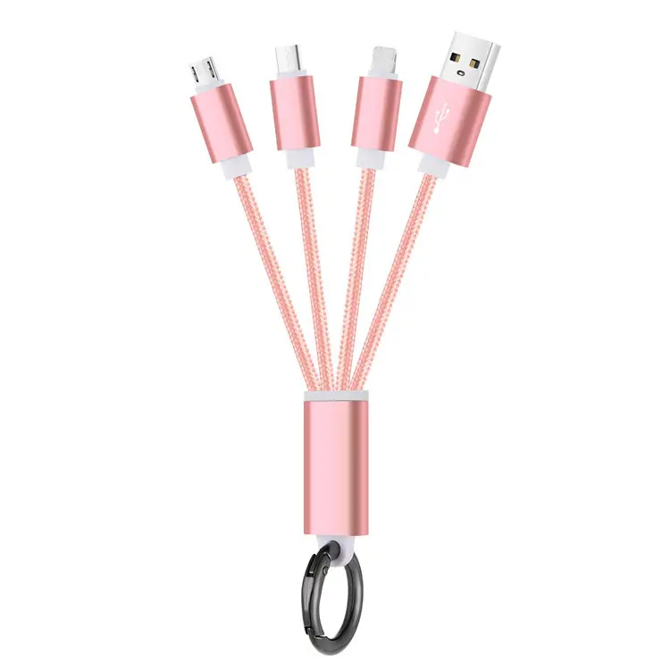 Wholesale Custom Logo Keyring 3 in 1 Fast Charging 2A USB Cable Charger Phone Type-C Micro USB with Keychain