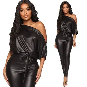 Fall Apparel For Women PU Leather Pants Pencil Pants Strapless Sexy Skinny Leather Black Jumpsuit Rompers