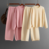 Automne hiver 2025 femmes câble tricot pull ensemble pull ample haut et pantalon à jambes larges 2 pièces tricoté salon costume pour les femmes