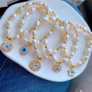 Handmade Dainty Gold Plated Gold Bead CZ Shell Inlay Heart Star Evil Eyes Adjustable Freshwater Pearl beaded Bracelet