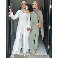 murni kain Crepe manset belah depan terbuka kancing penutup atasan longgar ukuran celana 2 potong set untuk mode Muslim wanita