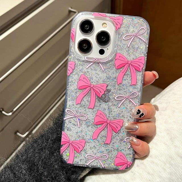 Luxury Pink Glitter Bow Phone Case with Dropped Glue Design Hard Protective Case for Apple 16Pro Max for IPhone14 Pro
