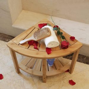 Tabouret de douche d'angle en bambou 33D x 33L x 43.2H pliable avec étagère de rangement pour baignoire et douche - Product Image 3