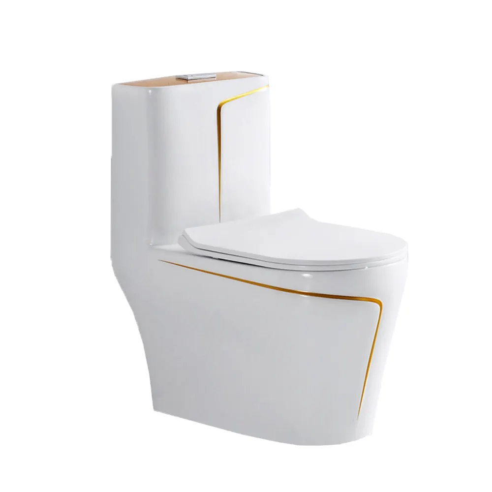 Bthroom ชักโครกสีทองหรูหราสไตล์โมเดิร์น,ชักโครกแบบ Dual Flush One Piece สีขาวทองใช้ในห้องน้ำ