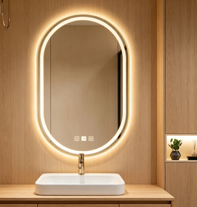Oval Wall Hanging <b>Bathroom</b> <b>Mirror</b> Gold Aluminum Frame Glass Lenses Dimmable Illuminated <b>LED</b> <b>Light</b> Plug Powered Contemporary - Product Image 3