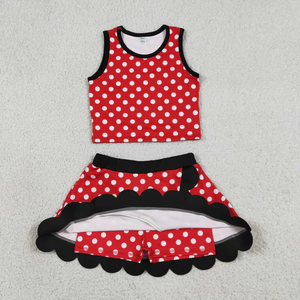 Conjunto de Ropa Deportiva para Bebés y Niñas, Listo para Enviar, Camiseta Roja con Puntos, Falda con Volantes, Pantalones Cortos, Estilo Yoga - Product Image 1