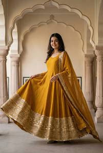Ramdev Trading Women's Designer <b>Silk</b> Anarkali <b>Kurta</b> Set Heavy Border Matching Dupatta Digital Print Lace Work Modern Party - Product Image 5