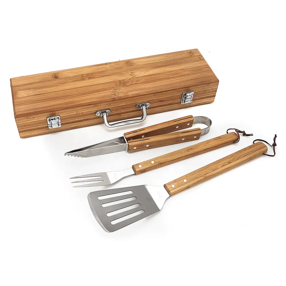 4 Stuks Klassieke Stijl Bbq Grill Set Barbecue Accessoire Bbq Tool Met Houten Case, rvs Bbq Gebruiksvoorwerp Kit Goedkope Keukengerei