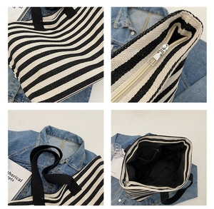 Borsa Tote da Donna Portatile in Tela di Cotone con Trasferimento Termico, Grande Capacità, Strisce, Chiusura a Cerniera, Media per Viaggi - Product Image 6