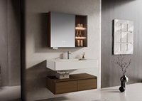 Meuble-lavabo flottant trois pièces en acier inoxydable et bois de noyer, résistant à l'humidité, avec miroir anti-buée, étagère LED et vasque intégrée pour villa