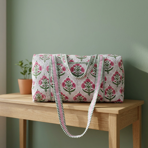Exclusive Large Block Printed Casual Luxury Cotton Weekender Travel Duffle <b>Bag</b> Handmade Quilted Fabric 20 Inches Hand Luggage - Product Image 1
