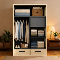 Lemari pakaian baja geser 2 pintu dengan cermin, laci, dan rak logam, lemari pakaian modern untuk kamar tidur, desain lemari pakaian custom