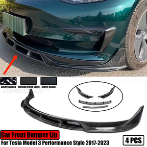 Protector de Parachoques Delantero para Tesla Model 3 2017-2023, Estilo Performance, Alerón, Cubierta, Acabado Brillante, Aspecto de Fibra de Carbono Negro - Product Image 1