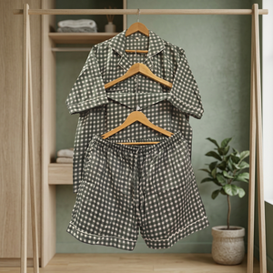100% Cotton Women's 3-Piece Customizable <b>Pajama</b> Set Green Gingham <b>Check</b> Short Sleeve Elastic Waist Lounge Sleepwear - Product Image 3