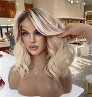 Pelucas de Cabello Humano con Frente de Encaje 13x4, Onduladas, Estilo Bob, 12 Pulgadas, Color Rubio Ceniza Degradado, Cabello Virgen Remy para Mujeres
