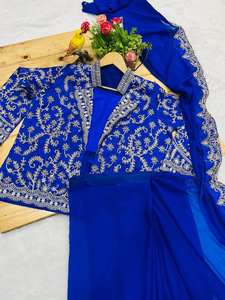Conjunto de Sari de Georgette Morado Real para Mujer, Marca Unity Luxure, con Chaqueta y Blusa Bordadas, Ropa de Fiesta Premium - Product Image 2