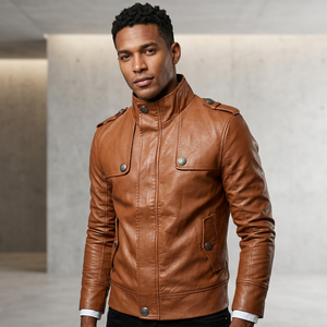 Veste de moto en cuir véritable pour homme, style Cafe Racer, en cuir de vachette de qualité supérieure, couleur cognac, fermeture éclair sur le devant, coupe ajustée - Product Image 5