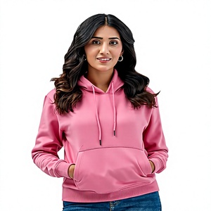 Customize Women <b>Pink</b> <b>Hoodie</b> Regular Fit Solid Color Cotton Knitted Breathable Anti-Pilling Pullover Autumn Wear with Pockets - Product Image 1