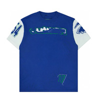 T-shirt haut de gamme personnalisé en coton peigné tricoté, jacquard bleu et blanc, col rond, coupe ample, avec lettres et patchwork colorblock, manches courtes