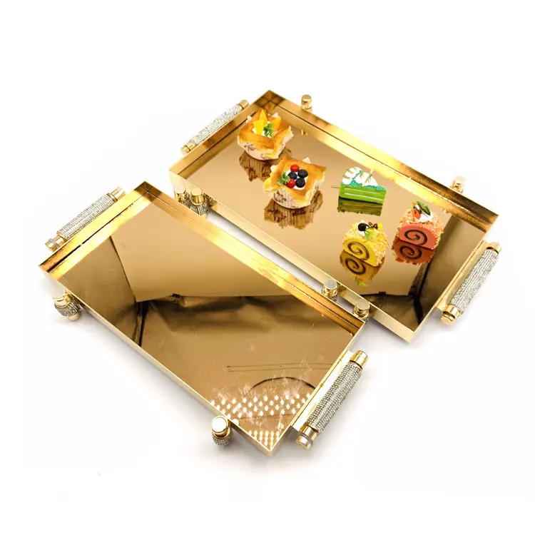 Luxury Rectangle Glass Mirror Gold Turkish Candy Serving Trays Home Dec. Dry Fruit Trays Display Chocolate Cake Plates Tray