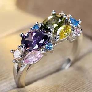 Anillos CAOSHI de Plata con Circonitas Brillantes Multicolores, Diseño Geométrico Elegante, Anillos de Compromiso y Boda para Mujer - Product Image 2