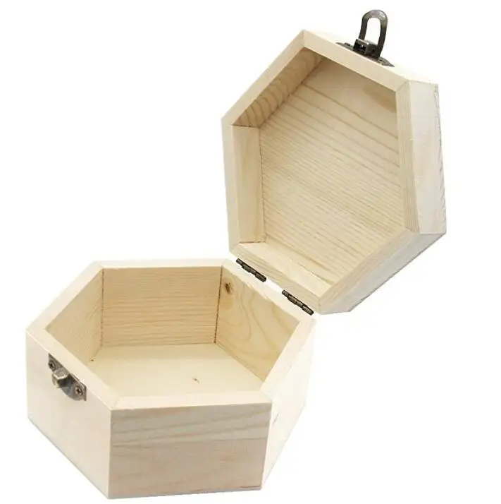 Caixa de madeira não pintada lisa sem acabamento, caixa hexágono para armazenamento diy caixa de joias