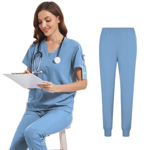 Women Scrub Set Blue V Neck Short Sleeve Top And Pants Moisture Wicking Hospital Uniform For Doctor Nurse Workwear - Product Image 1