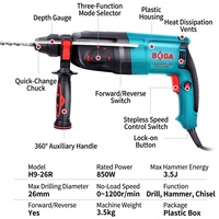 Marteau perforateur rotatif SDS Plus BODA H9-26R 850W 26mm, 3 fonctions (perforation, marteau, burin), 3.5J d'impact, outil électrique pour béton