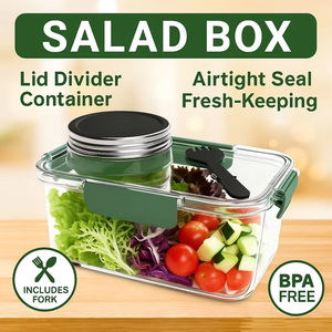 Boîte de conservation portable en plastique transparente et étanche pour salade, avec compartiment à condiments et fourchette intégrée, modèle LM – Vente en gros - Product Image 5