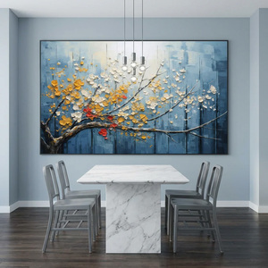 Peinture abstraite minimaliste bleue texturée, motif floral, grande peinture à l'huile peinte à la main sur toile avec <span class=keywords><strong>art</strong></span> mural texturé - Product Image 4